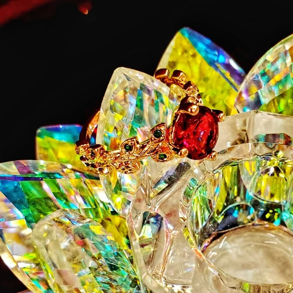 Grand Romantic Gesture Red Ruby Rose Emerald Green Leaf Gemstone 925 Golden Ring - Picture 5 of 16